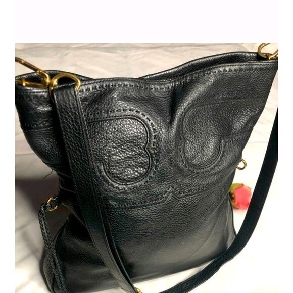 Tory Burch Amalie Black Fold Over Messenger Pebbled Leather Handbag Chic Classy - Picture 4 of 10